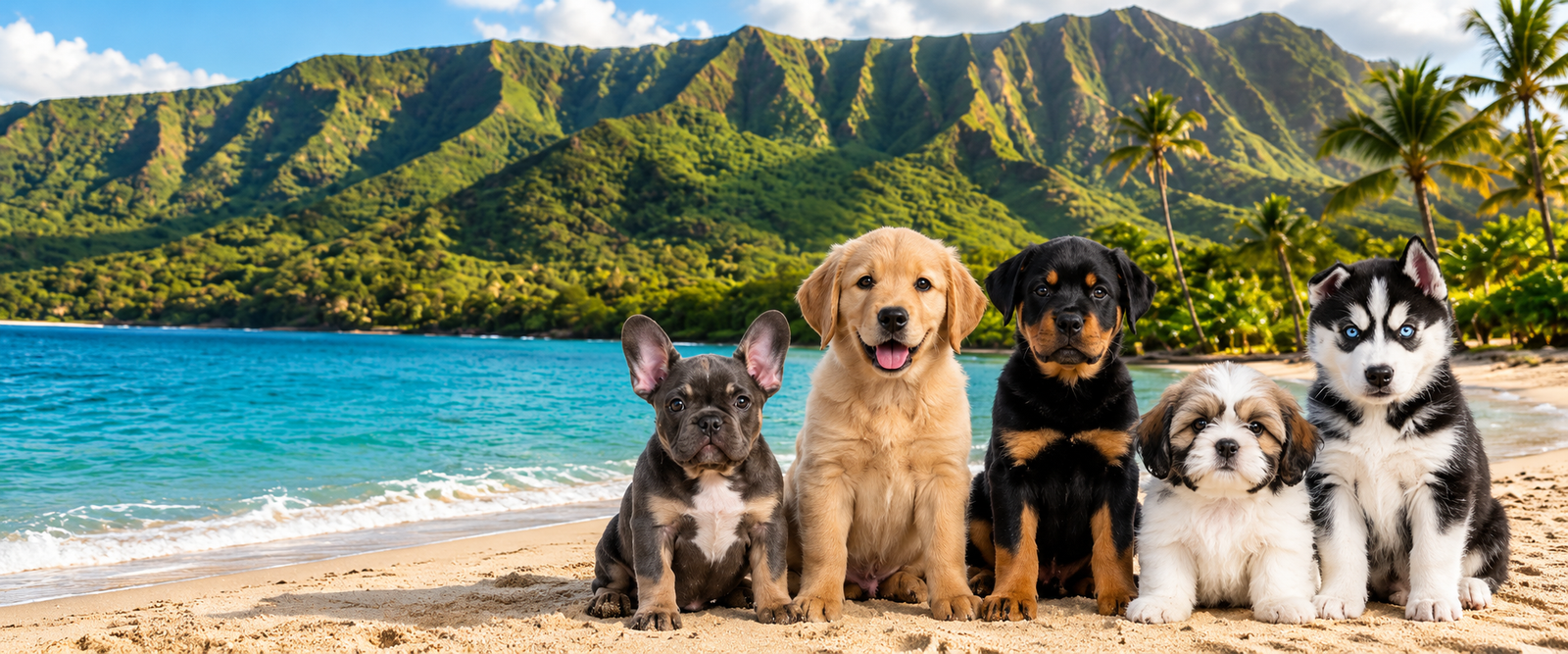 Five puppies — French Bulldog, Golden Retriever, Rottweiler, Shih Tzu and Husky — sitting together on a Maui beach with green mountains behind them