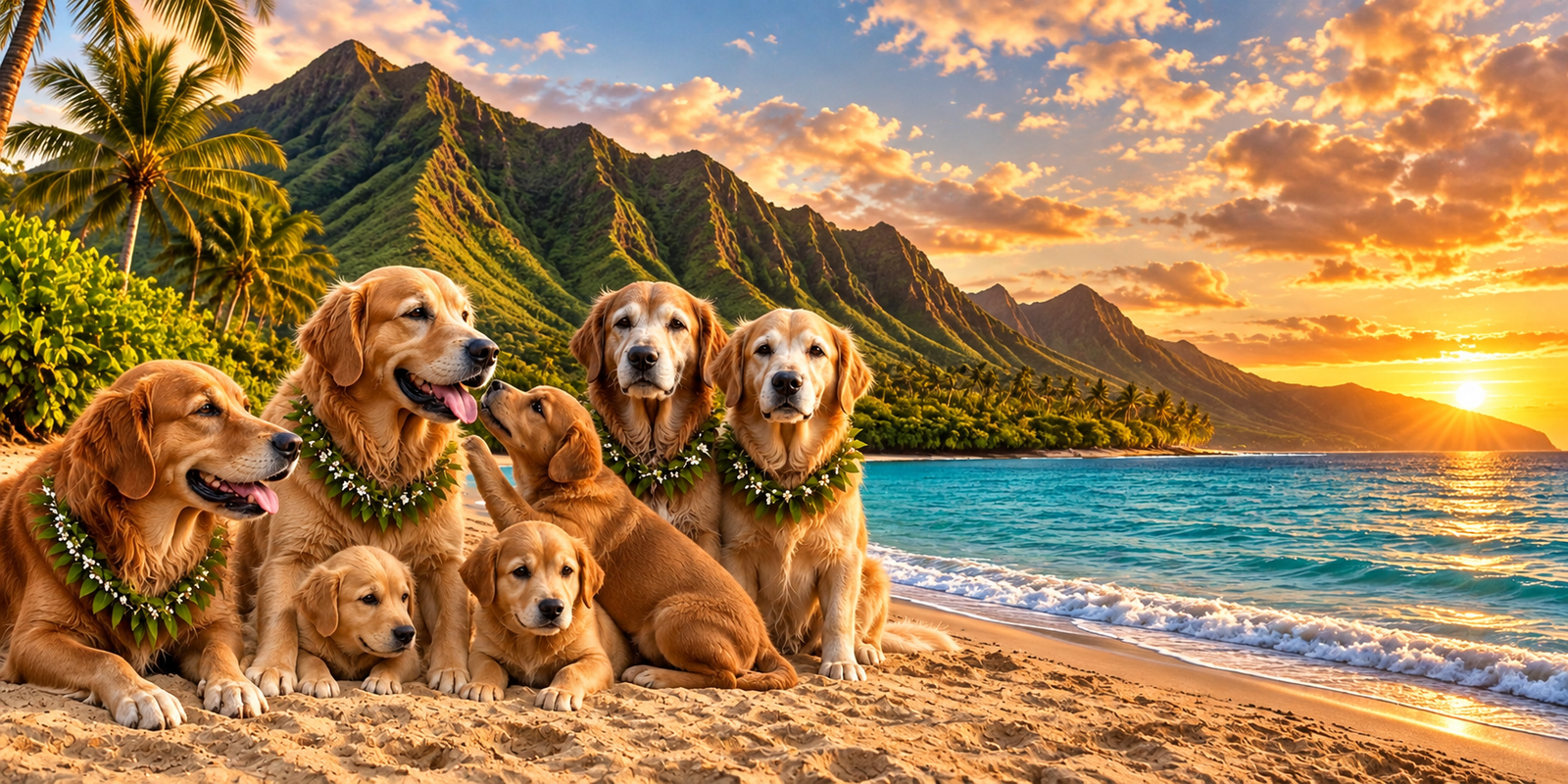 Two Golden Retrievers sitting on a hilltop overlooking a Maui coastline at dusk