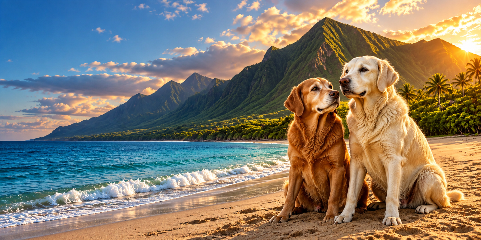 Two Golden Retrievers sitting together on a Maui beach at golden hour