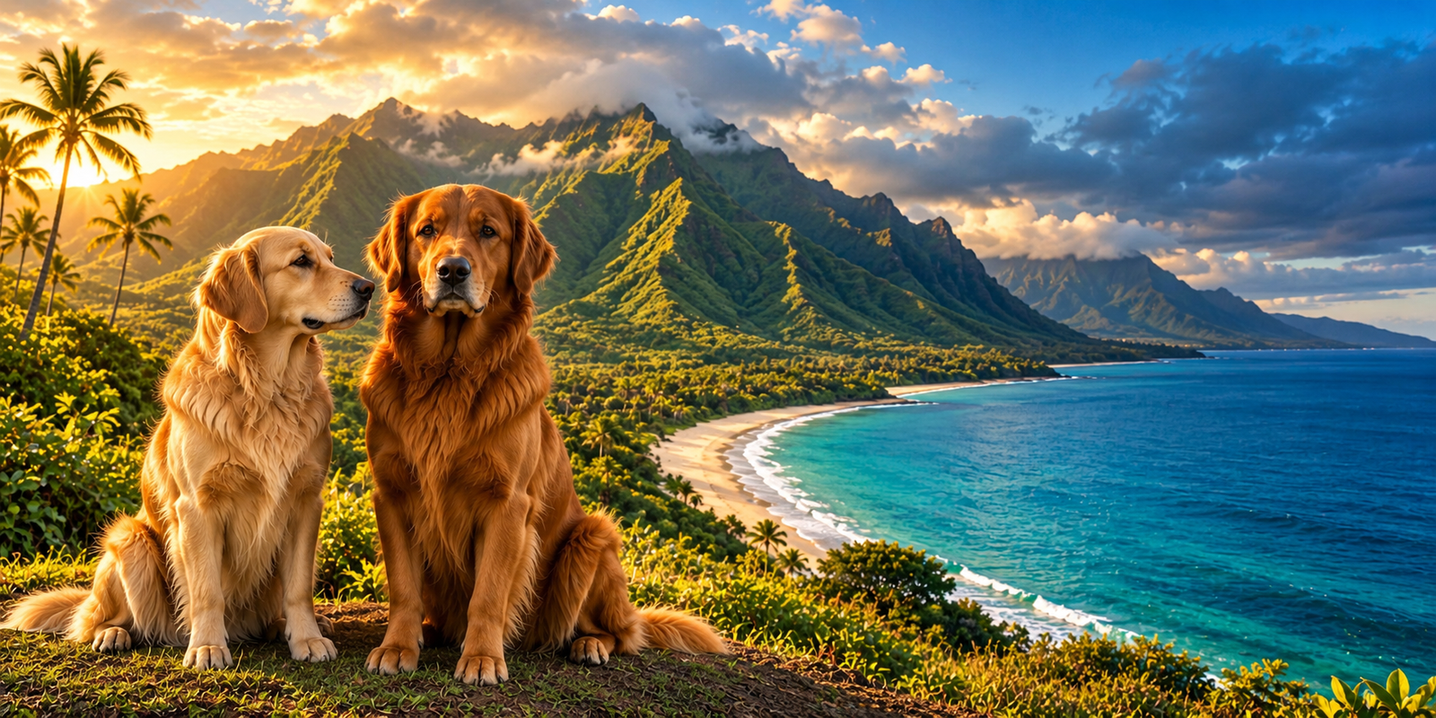 A family of Golden Retriever puppies and their parents wearing lei on a Maui beach at sunset